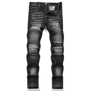 XIMXIMMTIAN Men Jeans Designer Distressed Moto Vintage Stacked Casual Street Tear Fashion Straight Slim Fit Stretch Water Washed Retro Biker Denim Pants