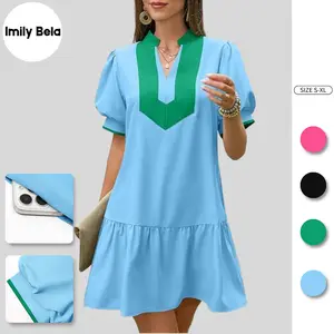 Imily Bela Womens Summer Mini Dress Casual Short Puff Sleeve V Neck Color Block Loose Beach A Line Dresses with Pockets