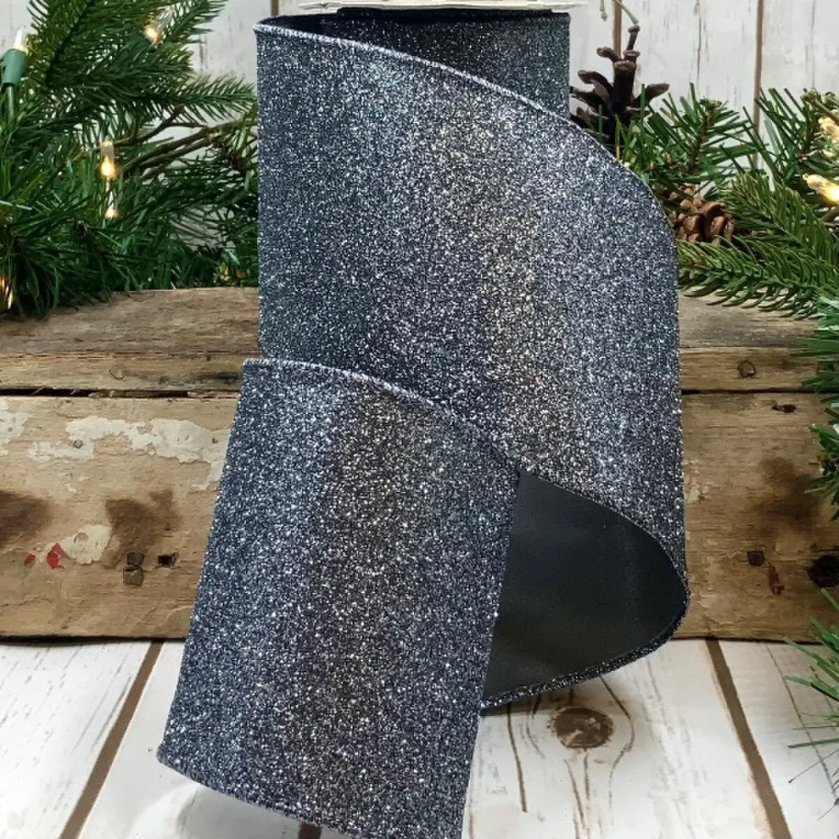 Steel Grey Vintage Glitter Ribbon, 4” X 10YD