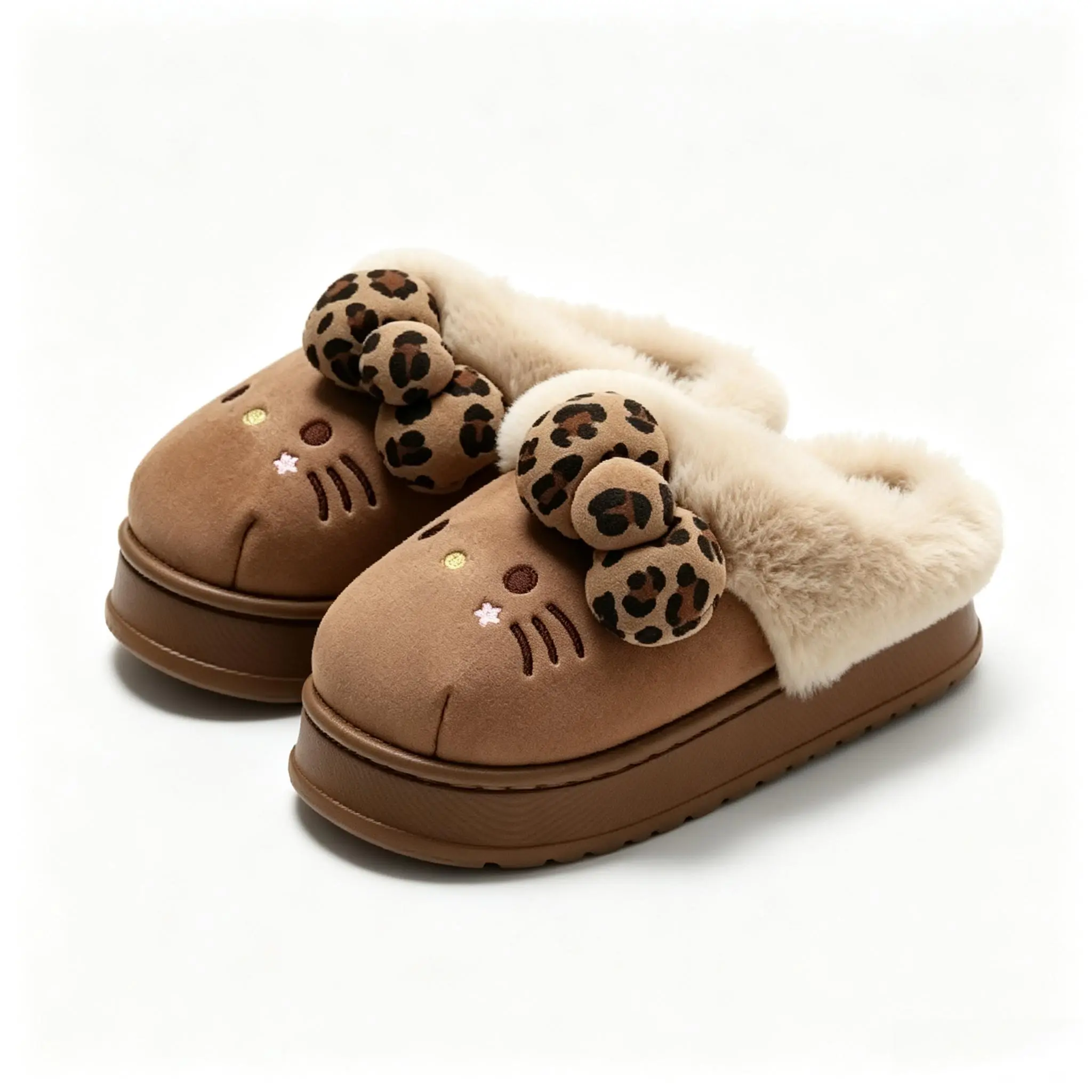 Hello Kitty Leopard Bow Plush Slippers for Women, Thick Platform Fuzzy Winter House Slippers, Cute Warm Indoor Slip-on Shoes