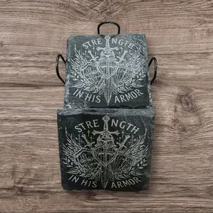 Laser Engraved Slate Coasters Set of 4 Strength in His Armor Design Rustic Drink Protectors