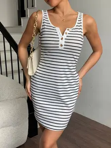 Soft Ribbed Tank Dress Bodycon Striped Knitted Strechy New Year's Outfit Casual Women's Clothes Sports Fashion  Womenswear Sleeveless Summer