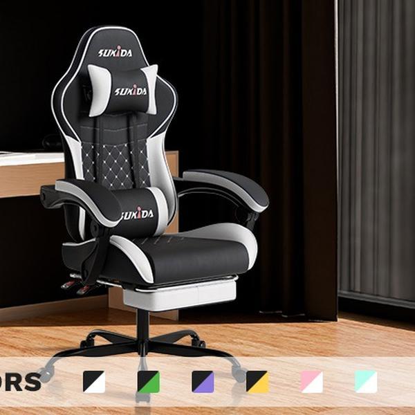 SUIKDA Ergonomic Gaming Chair with 360° Swivel and Footrest PU Leather Office Chair Features Memory Foam Headrest and Lumbar Support to Relieve Back Pain