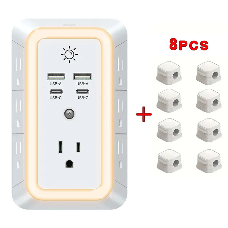 BEJUVG Universal Socket Surge Protector Wall Charger - 3-Sided Power Supply, 7 Outlets with Night Light, 4 Ports (2 USB-C), Extender, 8 USB Cable Fixing Kits, Socket Adapters for Indoor Use Usb Multi Plug