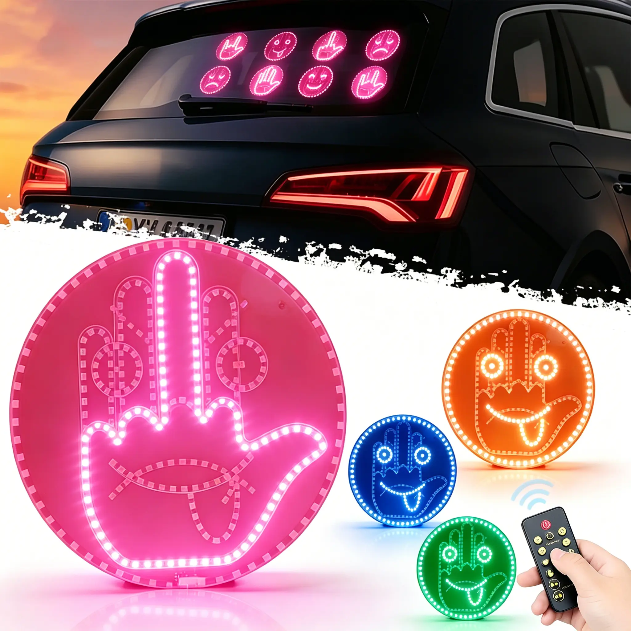 HYRORA SummerVibes LED Car Gesture Light - Wireless Remote 8 Gestures & Emojis Easy Install Anti-Tailgate Safety Road Rage Relief Ideal Gift for Drivers Automotive Decoration  Car Gadgets