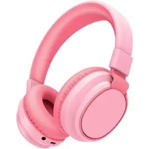 SQ-HPS040 Headphones Wireless Bluetooth 5.4 68H Play Time Volume Limit 85/94dB Over-Ear Foldable Headset,Type-C Fast Charging,with Wired Aux Mic for Toddler Boy Girl Pad Tablet Pink Adjustable Android