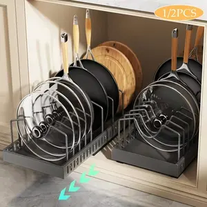 Pull-Out Pot & Pan Organizer for Cabinet - Sliding Kitchen Storage Rack with Adjustable Dividers for Lids, Bakeware & Plates