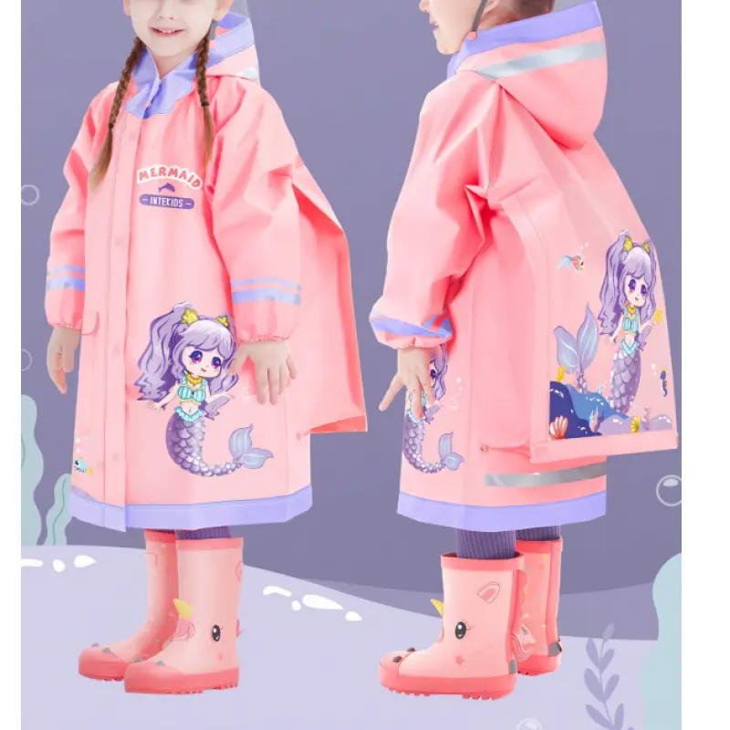 Girls' raincoat with pink mermaid pattern, made of EVA material, features pockets, a large hood, zipper and buttons, and can be worn as a backpack on the back, suitable outdoor camping and cycling in rainy days, 1 piece