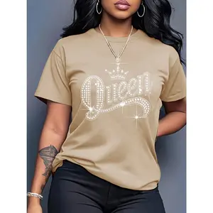 100% Cotton Women's T-Shirt with Shiny Rhinestone Queen Crown Pattern Casual T-Shirt - Vibrant Orange Short Sleeve Round Neck Top, Medium Stretch Fabric, Machine Washable, Suitable for Daily Wear and Party Outfits, Cute Style, All-Season Clothing