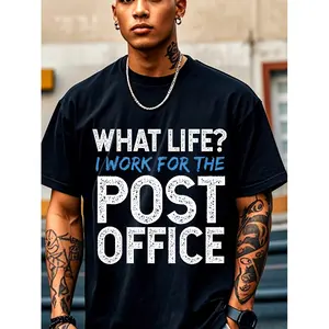 Men'S Vintage Postal Worker Graphic T-Shirt - "What Life? I Work for the Post Office" Postal Design - Heavyweight Crewneck Tee - Black with Blue & Lettering - Postal Service Apparel Casual Workwear - Sizes S-XXL - Ideal Postal Worker Gift