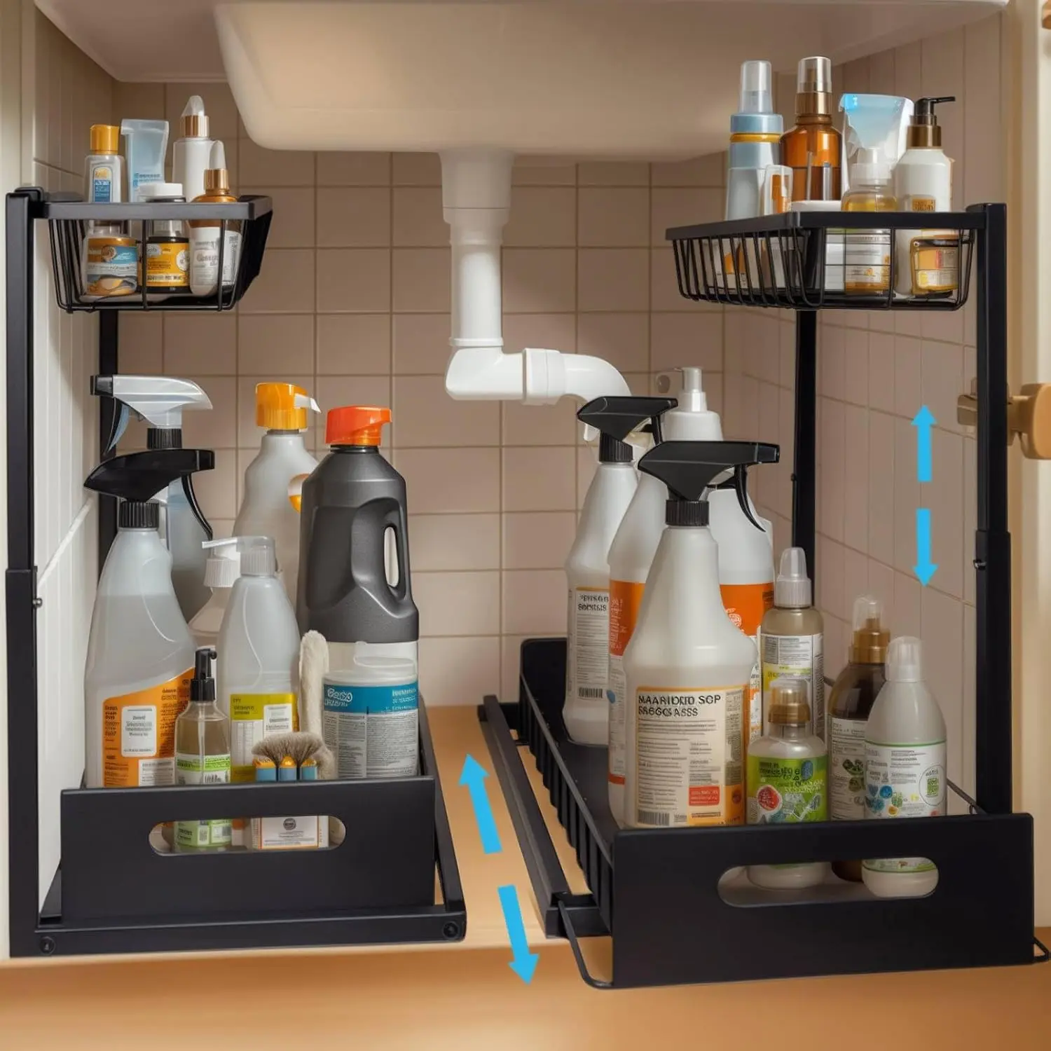 Under Sink Organizer and Storage, Height Adjustable Pull Out Cabinet Kitchen Sink Organizer 2 Tier Slide Out Sink Shelf Cabinet Storage Shelves, Under Sink Storage for Kitchen Bathroom Pantry Cabinet