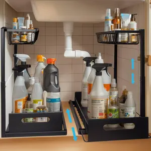 Under Sink Organizer and Storage, Height Adjustable Pull Out Cabinet Kitchen Sink Organizer 2 Tier Slide Out Sink Shelf Cabinet Storage Shelves, Under Sink Storage for Kitchen Bathroom Pantry Cabinet