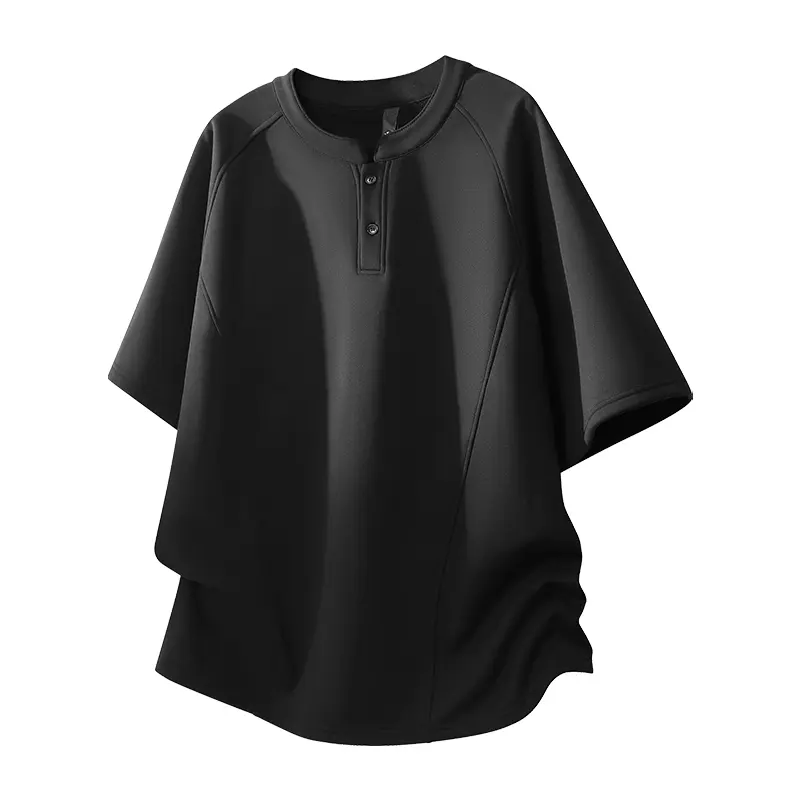 Men's Preppy Plain T-shirt with Short Foldable Sleeves and Stand Collar, Stylish Top with Buttons in a Loose Fit for Summer Work