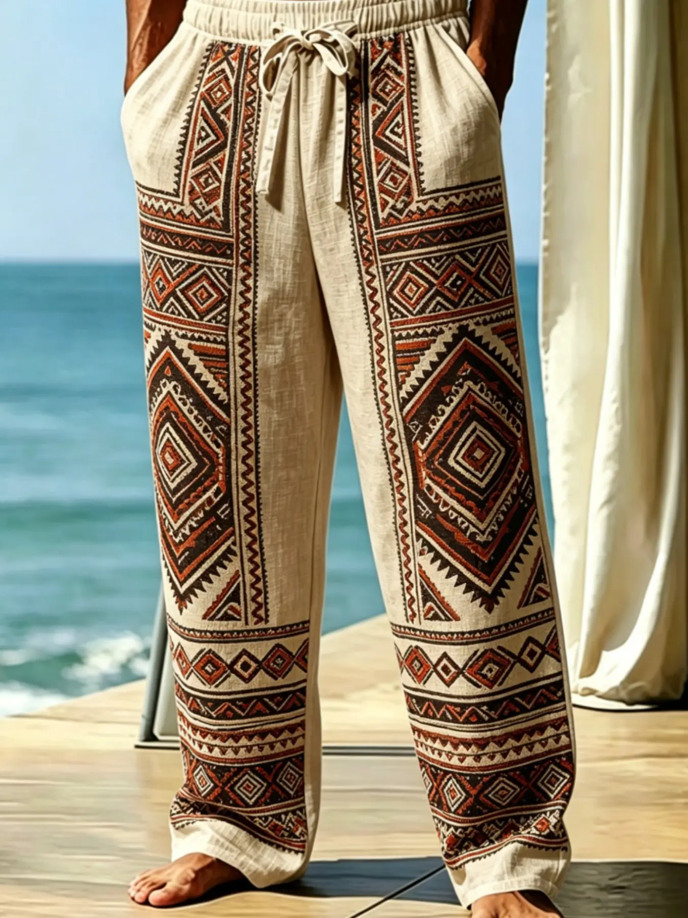 Men's Ethnic Boho Print Linen Pants, Casual Loose Comfy Loose-Fitting Long Beachwear, Holiday Style, All Seasons, Casual Men's Trousers, Boho Festival Trousers