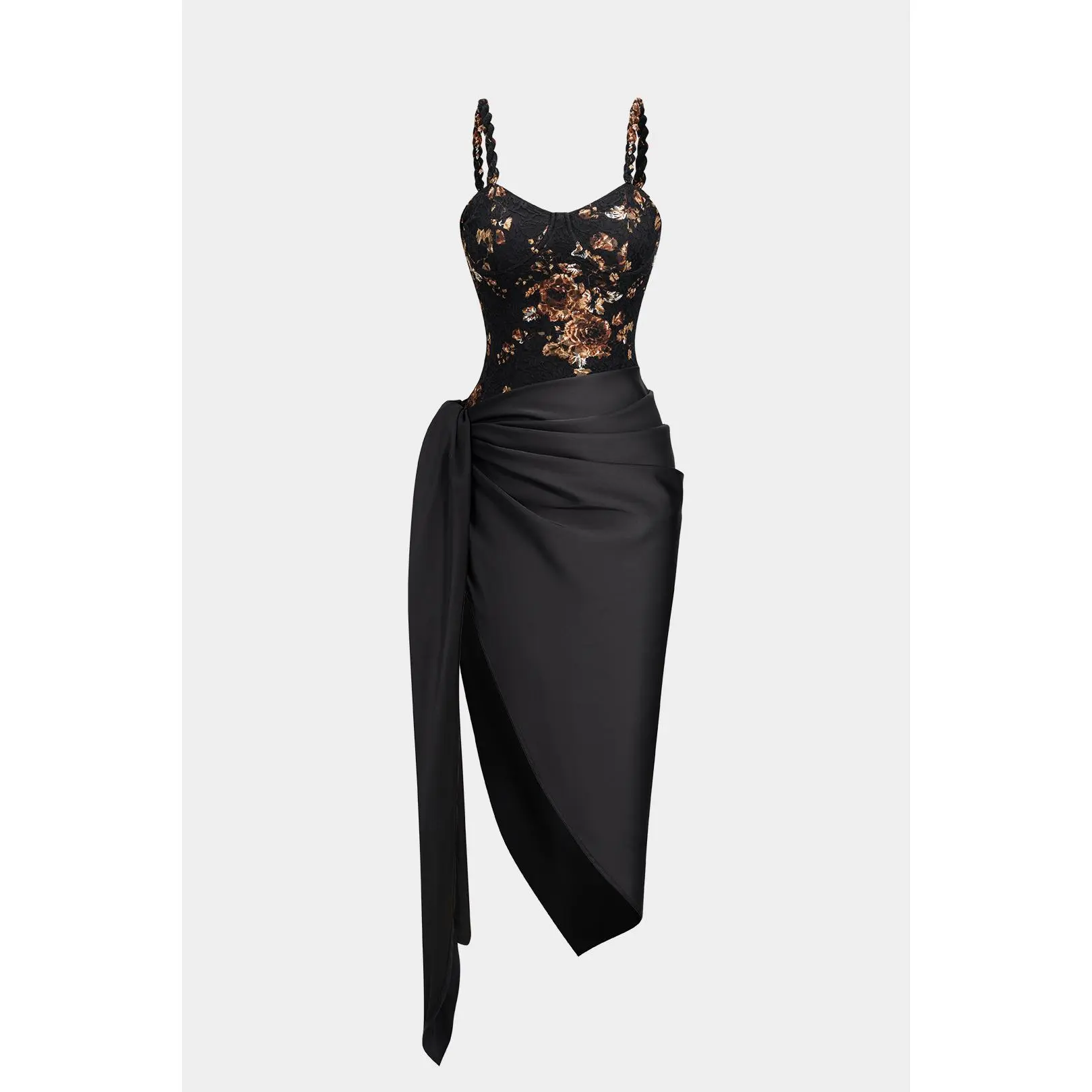 Floral Lace Patchwork Twist Knot Sleeveless Dress And Satin Asymmetrical Tie-Knot Skirt Set