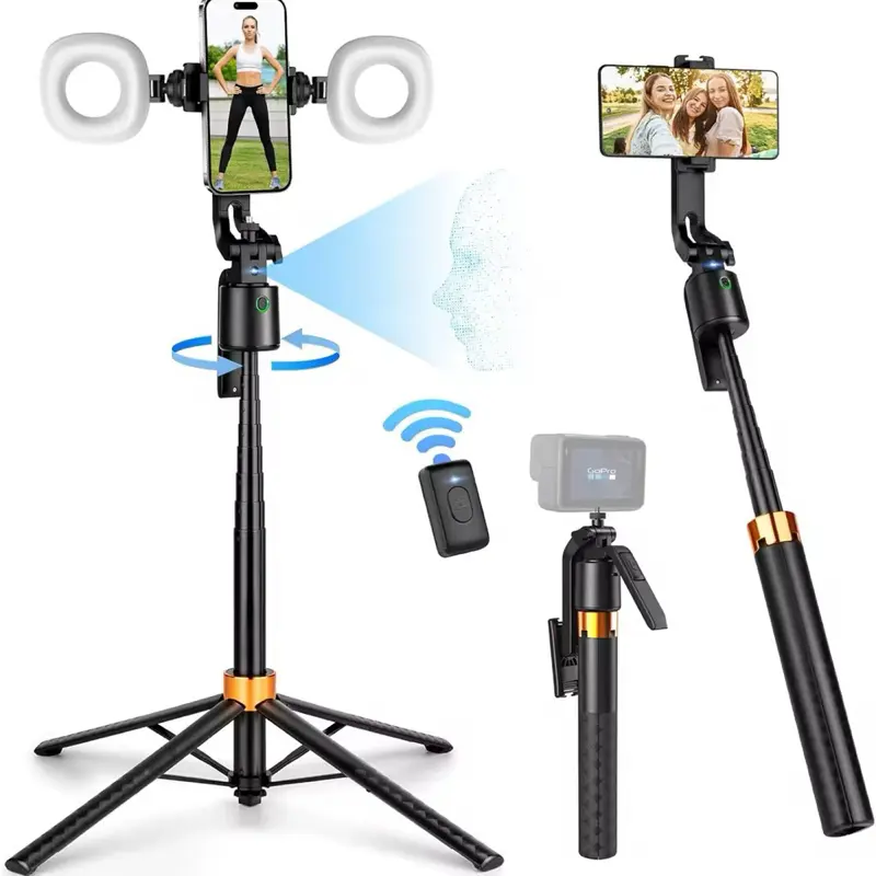 FaceGlow Smart Tracking Tripod with Dual Ring Lights & Remote Control for Vlogging and Photography