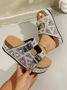 Music Festival & Vacation Must-have Sparkling Rhinestone Pearl Slides, Summer Party Sparkling Rhinestone Platform Slides, All-day Comforta, Adjustable Buckle Cork Sole Sandals, Trendy Pearl Rhinestone Cork Wedge Sandals