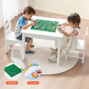 VEVOR Kids Activity Table and 2 Chairs Set, Building Blocks Double-Sided Tabletop, Toddler Table and Chair Set with Storage for Kids 3+ Years, Large Storage Space, Present for Boys Girls, White