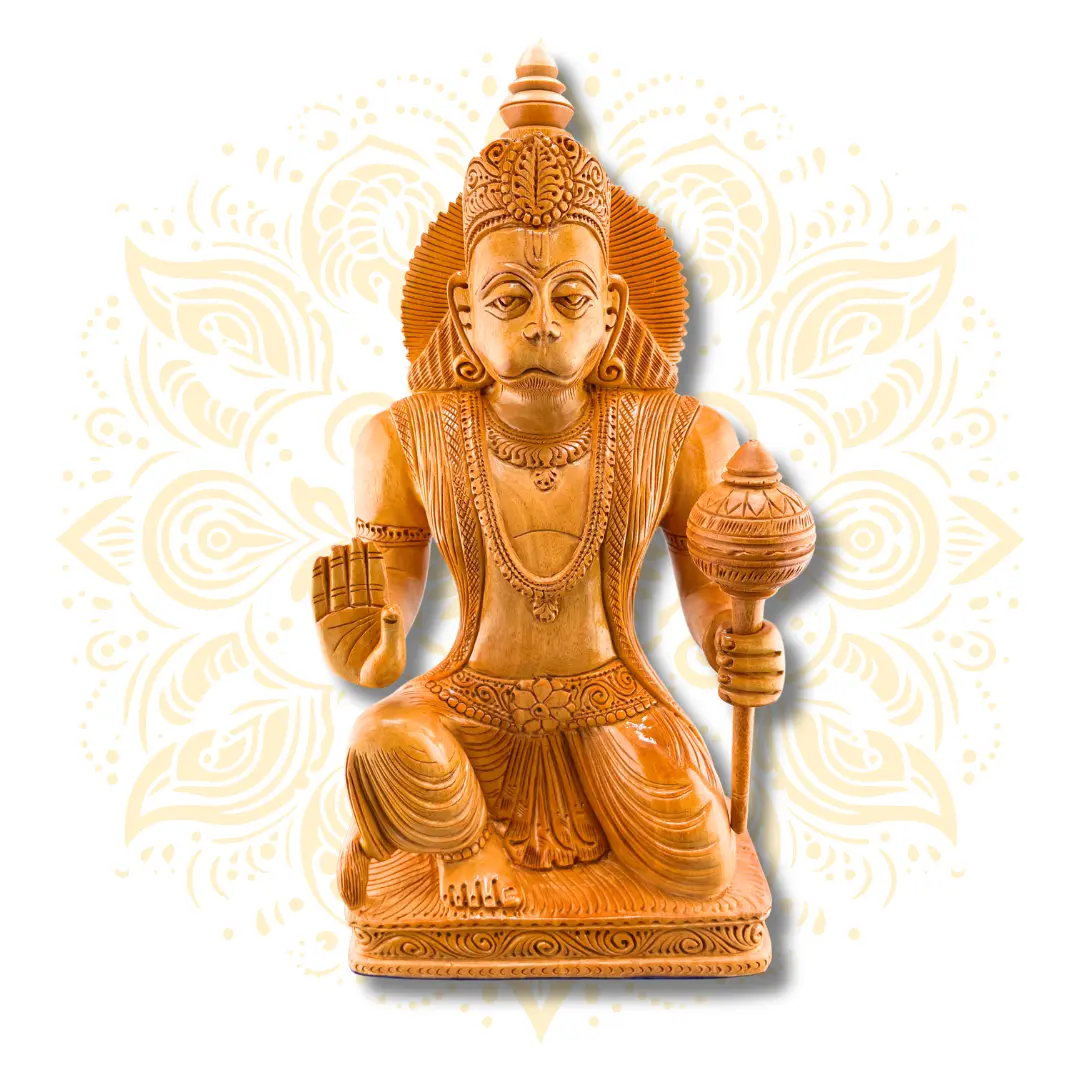 Hand Carved Wooden Sitting Hanuman Murti – 12”