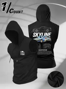 JDM Skyline GTR men's hooded vest, Nissan GT-R blueprint pattern silk screen printed clothing, hooded drawstring design, suitable for car gatherings, gym workouts, and street styles, durable and bold printing for JDM enthusiasts