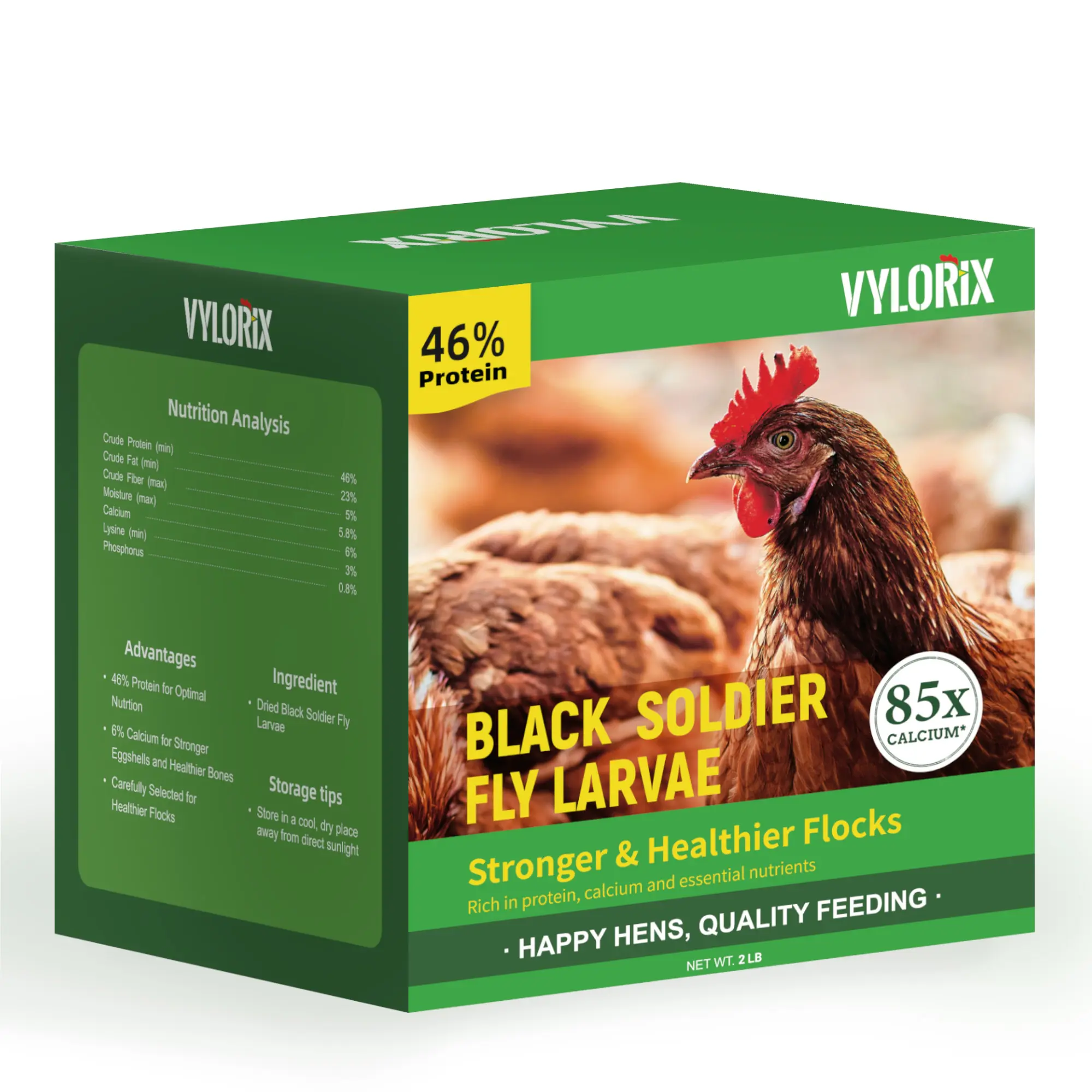 Vylorix 2LBS Dried Black Soldier Fly Larvae for Chickens, 85X More Calcium Than Mealworms, 46% Protein & 6% Calcium BSFL Treats, Supports Eggshell Quality, Daily Feeding Needs & Feather Condition, for Hens, Ducks & Birds