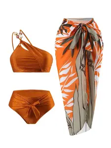 Three-Piece Set Women's Leaf Print One Shoulder Swimsuit Set, Asymmetrical Design Swim Top & Knot Front Bottom Cover Up Skirt Set, Ladies Swimwear for Beach Holiday Vacation, UV Protection, Body Shaping all season wear