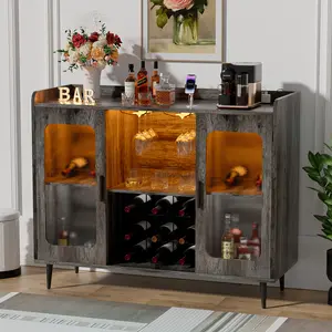 Homieasy Wine Bar Cabinet with Power Outlet, Liquor Cabinet Bar with LED Light and Glass Holder, Home Coffee Bar Cabinet, Buffet Sideboard with Storage Shelf for Kitchen, Dining Room