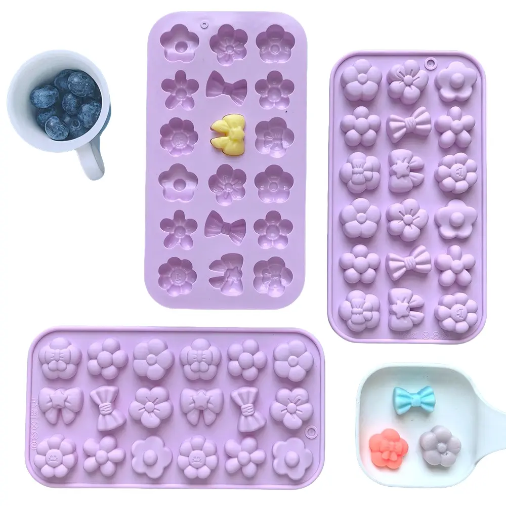 3pcs Silicone Candy Molds, Flower Bow Shape Soft Candy Pudding Chocolate Mold, Baking Molds, Ideal for Cake Decoration & DIY Projects, Bakery Molds
