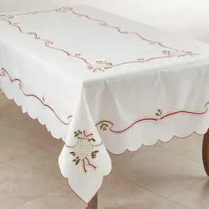 Saro Lifestyle Embroidered Tablecloth With Christmas Motifs, Ivory, 65" x 140"