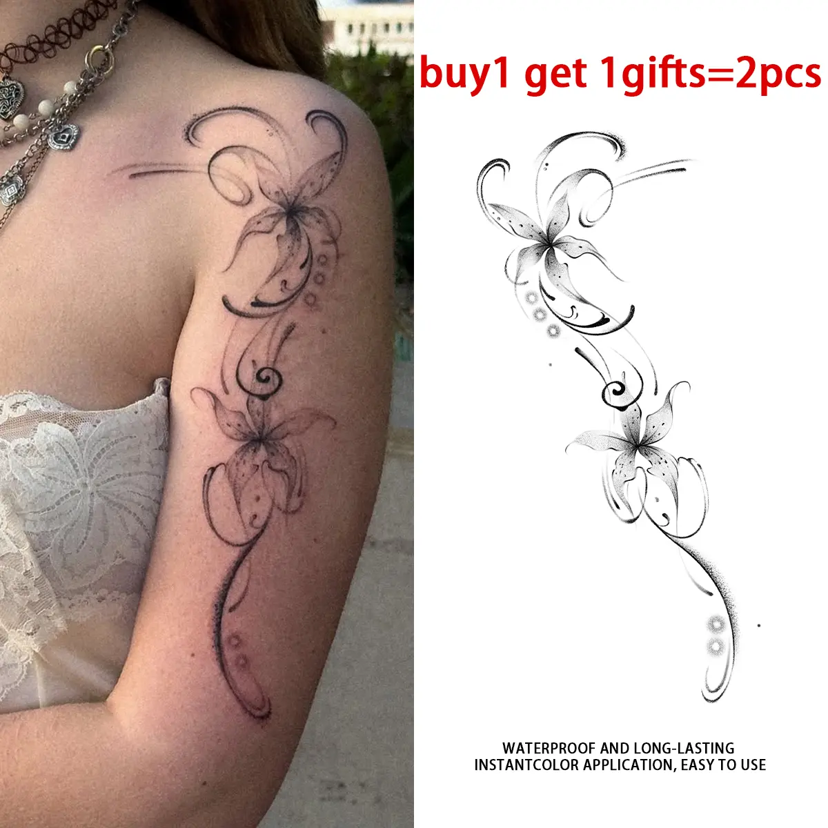 Black Gradient Flowing Swirl Lily Floral Temporary Tattoo Stickers - 2 Sheets Semi-Permanent Waterproof Realistic Long Lasting Fake Tattoos, Wrap Shoulder Arm Tattoo For Women Girls, All Skin Types Ideal for Beach Swimming Daily Party Cosplay