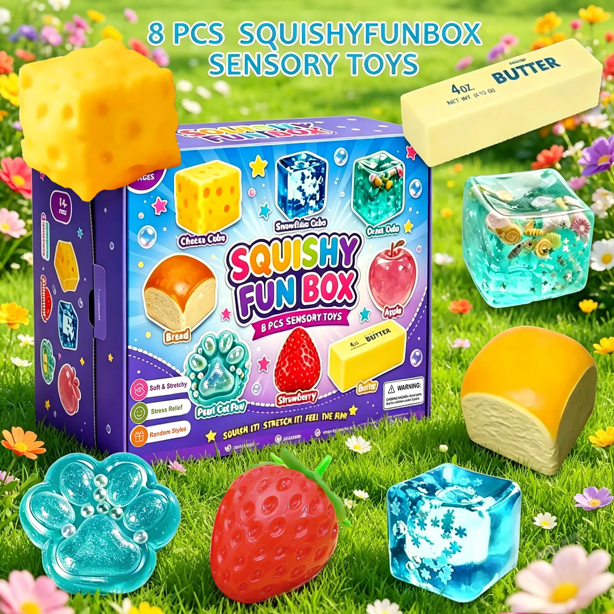 8-Piece Set Box Malt Sugar Stress Relief Fidget Toys, Sensory Bundle, Creative Slow-Return Squishy, Party Gift, 8 Different Styles,Squishy Fun Set