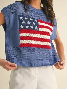 Harper American Flag Knit Sweater Top-Blue