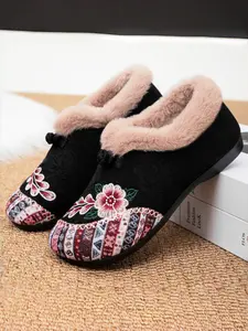 Floral Stitch Thick Slip-On Snow Boots | Cozy Plush Lined Winter Shoes | Easy-On Casual Boots, Floral Embroidered Boot for Women Walking Shoes Rubber