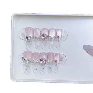 Pink Square Zircon Gradient Halo False Nails Personalized Versatile Detachable Reusable Press-Type Acrylic Nail Patches for Casual & Formal Occasions press-on nail collection Plastic Fake Fingers with Acrylic Nails