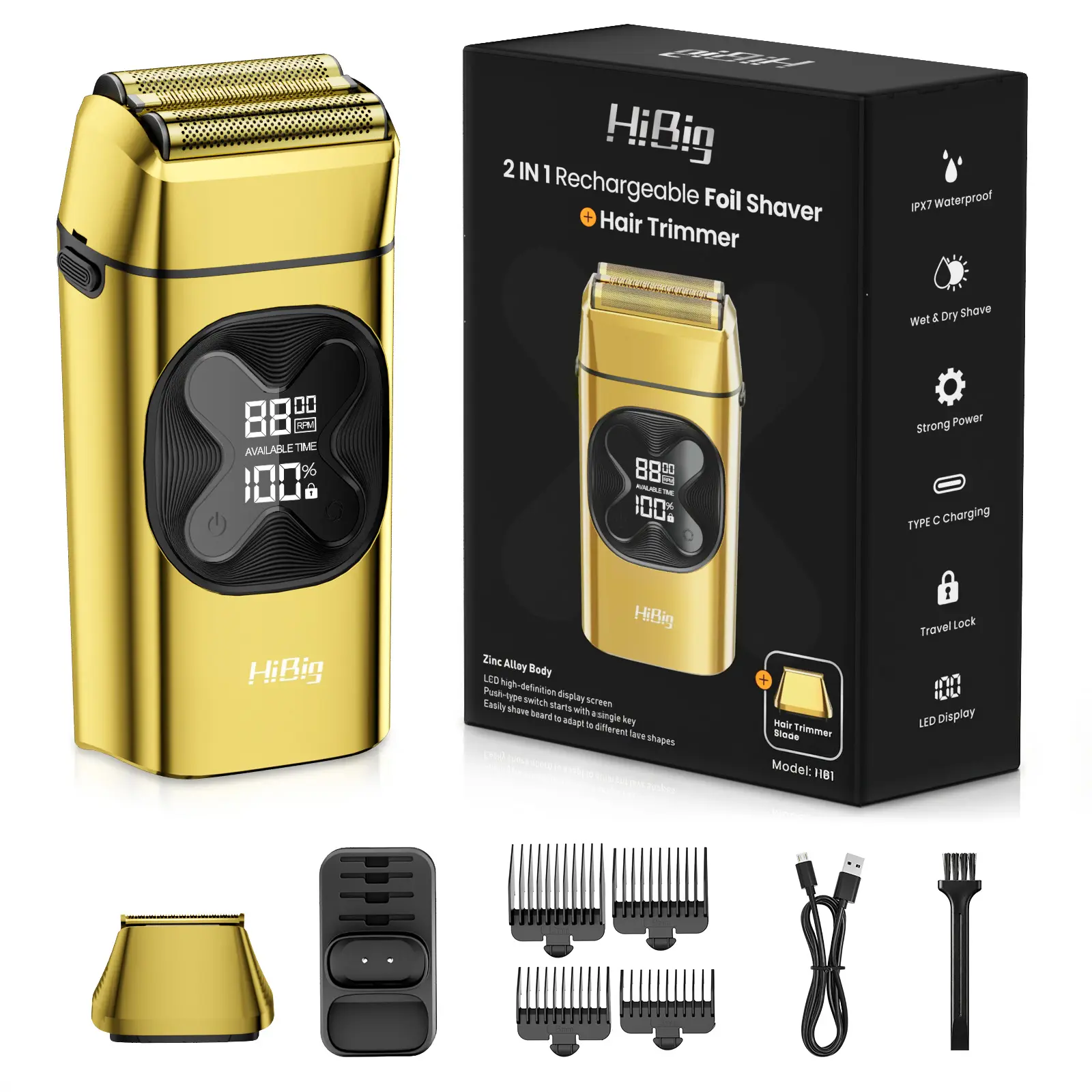 HIBIG Pro Double Foil Shaver for Men - 2-in-1 Electric Razor & Beard Trimmer, 2 in 1 Hair Trimmers & Clippers, Flawless Daily Shave, IPX7 Water Proof Clipper, Rechargeable with LED Display