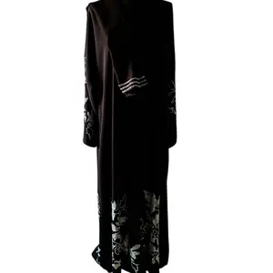 Azure Bloom Abaya - Elegant Black Silhouette with Blue & Silver Floral Embroidery for Evening Wear