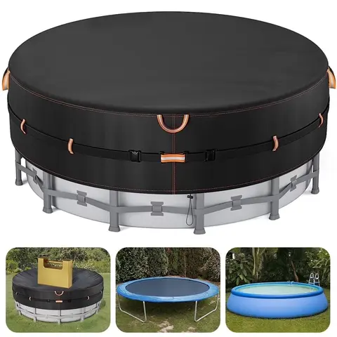 Double-Stitched PU Tarp Swimming Pool Cover for 45cm Above-Ground Circular Pools & Hot Tubs - Reflective Strips, Solar Design, Rope Tie, Luminescent Ground Nails, UV-Protected, Safety-Focused, Blocks Bugs, Leaves, Dust