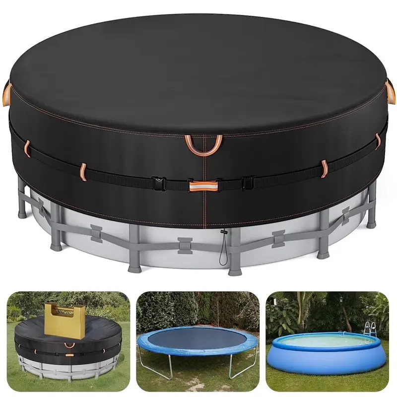 Double-Stitched PU Tarp Swimming Pool Cover for 45cm Above-Ground Circular Pools & Hot Tubs - Reflective Strips, Solar Design, Rope Tie, Luminescent Ground Nails, UV-Protected, Safety-Focused, Blocks Bugs, Leaves, Dust