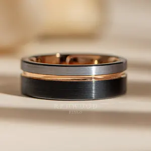 Tri Color Tungsten Ring, Rose Gold, Black, Grey, Brushed Finish - 8MM