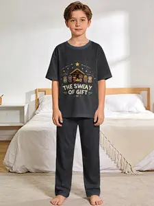 Dark Gray Christmas Gift Fun 2-Piece Set: Boys' Digital Print Short-Sleeve Pajamas with Long Sleep Pants, Flame-Retardant Fabric. A stylish, trendy, casual, comfortable and soft pajama set, suitable for sleeping and home leisure. Made of 100% polyester,