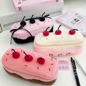 Cherry Cake Plush Soft Texture Pencil Case, Pen & Makeup Bag, Large Capacity Portable Storage Travel Desktop Organizer, Cute Cartoon Design