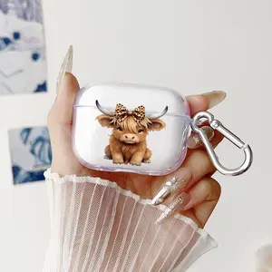 Cute Highland Calf Pattern TPU Soft Protective Case for Apple AirPods 4/3/2/1/Pro/Pro2 Transparent Earphone Cover with Keychain Attachment