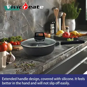 Vivicreate Nonstick Deep Frying Pan Skillet with Lid VP-7724, Marble color non-stick coating, long handle with rubber coating, European style deep fry pan， Induction Compatible