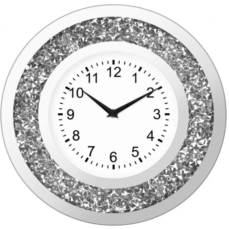 14 Inch Silver Mirrored Wall Clock, Crystal Crush Round Silent Quartz Clock for Living Room Bedroom Decor