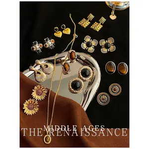 Vintage Style Black Gold Retro Earrings Collection Hollow Flower Geometric Square Studs High-end Earrings