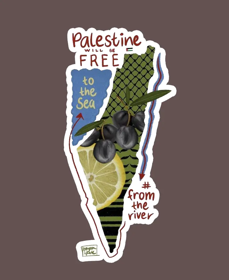 Palestine Map Inspired Sticker with Olive Branch and Lemon Design, Cultural Kufiya Pattern Vinyl Decal, Unique Decorative Sticker for Laptop, Water Bottle, Notebook, Windows, Gift Idea
