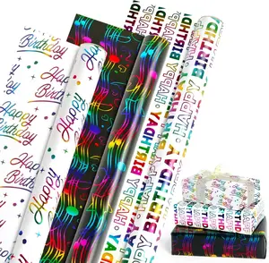 Birthday Wrapping Paper, Colorful Foil Happy Birthday  Wrapping Paper Roll - 3 Mini Rolls White and Black  Wrap Paper for Boys Girls Women Men, 17 inch x 10  Per Roll