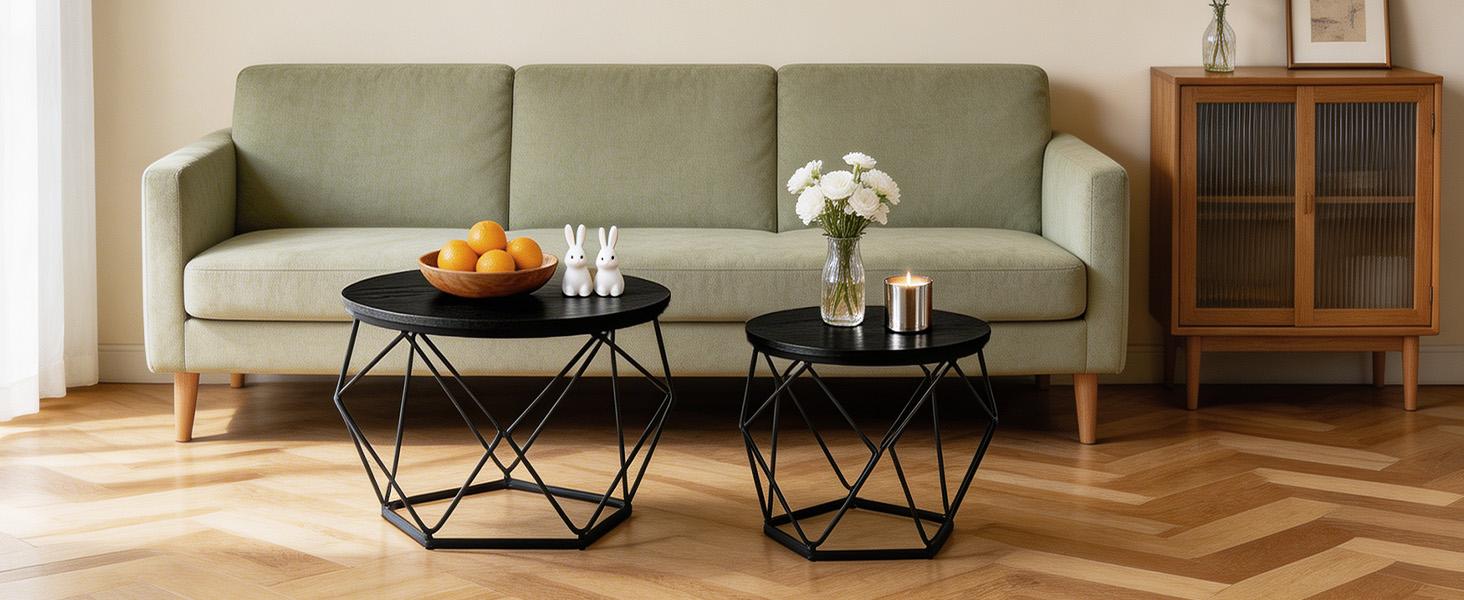 2-Piece Small Round Nesting Coffee Table Set with Steel Frame - Side End Table for Living Room, Bedroom