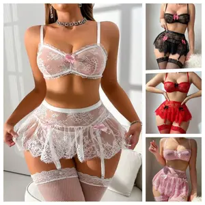 4pcs/Set Women Sexy Romantic Lace Mini Skirt With Stocking Lingerie Set, For Christmas Womenswear plus size fashion Fabric Matching Elegance Feminine plus size fashion