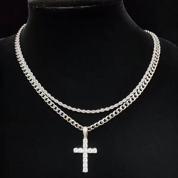 Unisex 2-Piece Cuban Link Cross Necklace Jewelry Set - Twist Chain, Metal Coating, Casual, Cross Motif, Modern Statement Costume Jewelry for Daily Wear, Hip-Hop Style